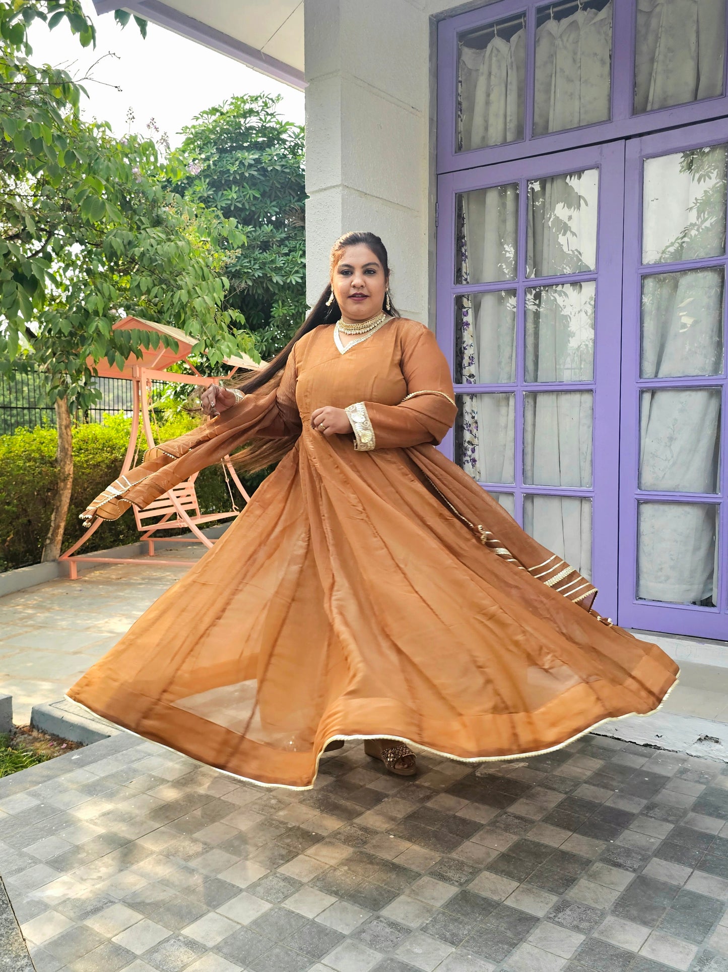 Suhani Brown-Gold Silk Solid Anarkali