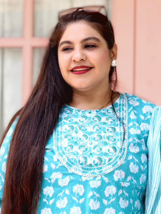 Sukoon Aqua Blue Floral Cotton Anarkali