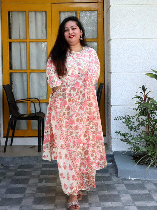 Sukoon Cream Peach Floral Cotton Anarkali