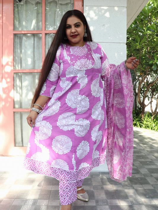 Sukoon Lilac Floral Cotton Anarkali