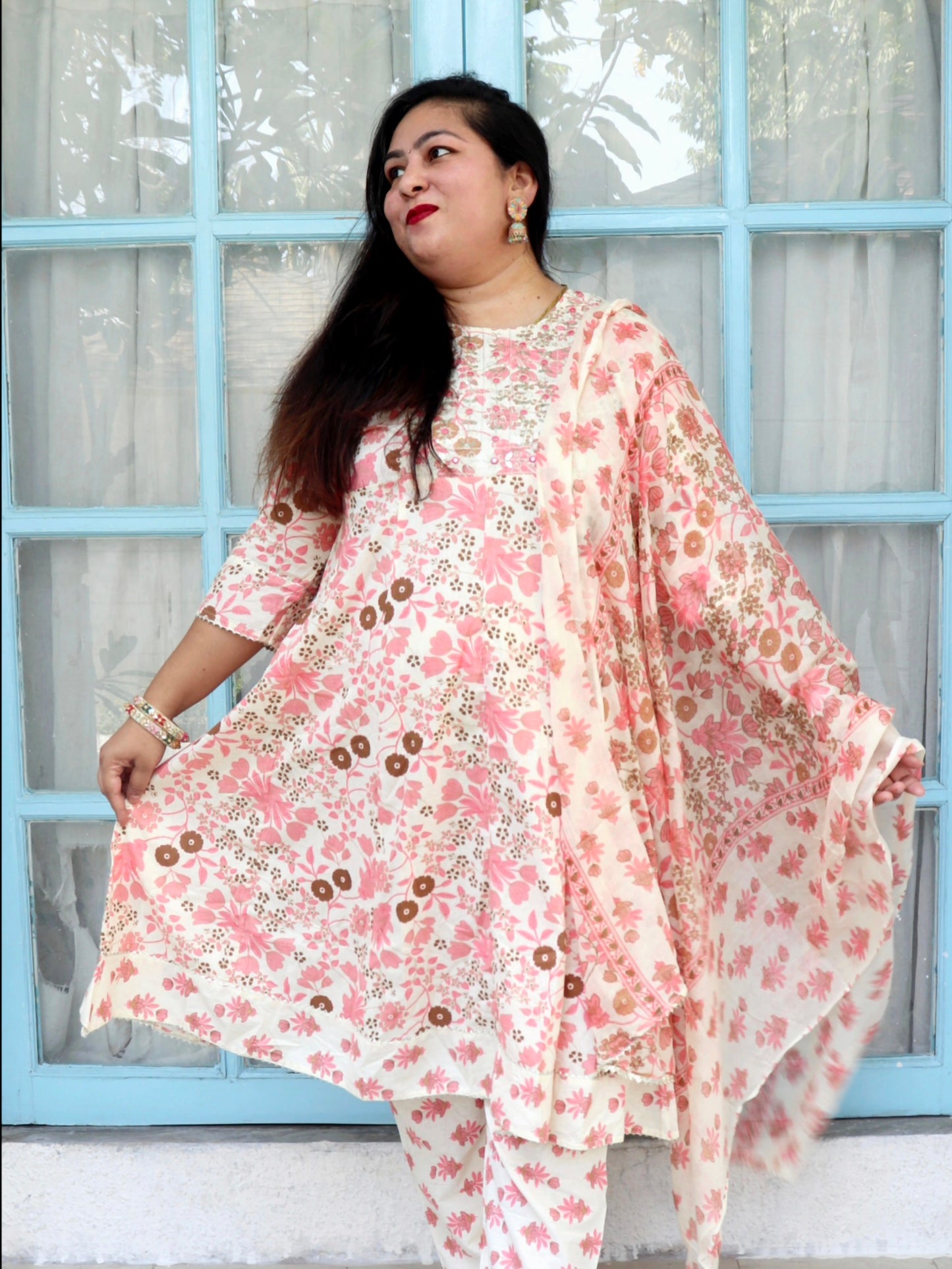 Sukoon Cream Peach Floral Cotton Anarkali