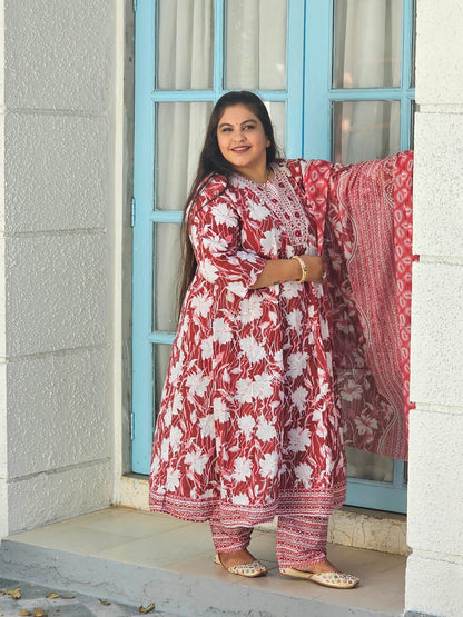 Sukoon Maroon Floral Cotton Anarkali