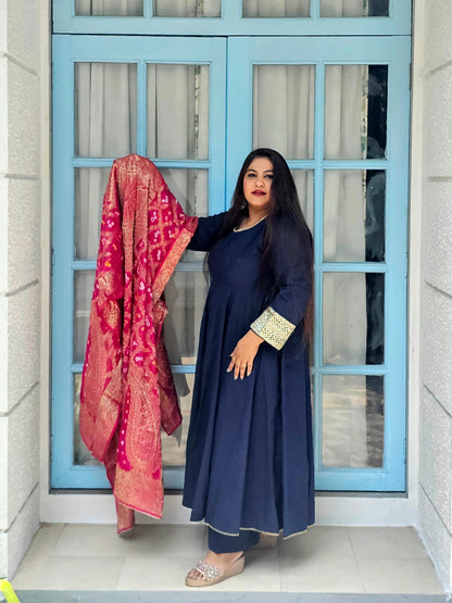 Ruhani Navy Blue Solid Anarkali With Contrast Pink Gharchola Dupatta