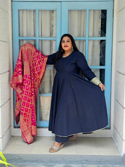 Ruhani Navy Blue Solid Anarkali With Contrast Pink Gharchola Dupatta