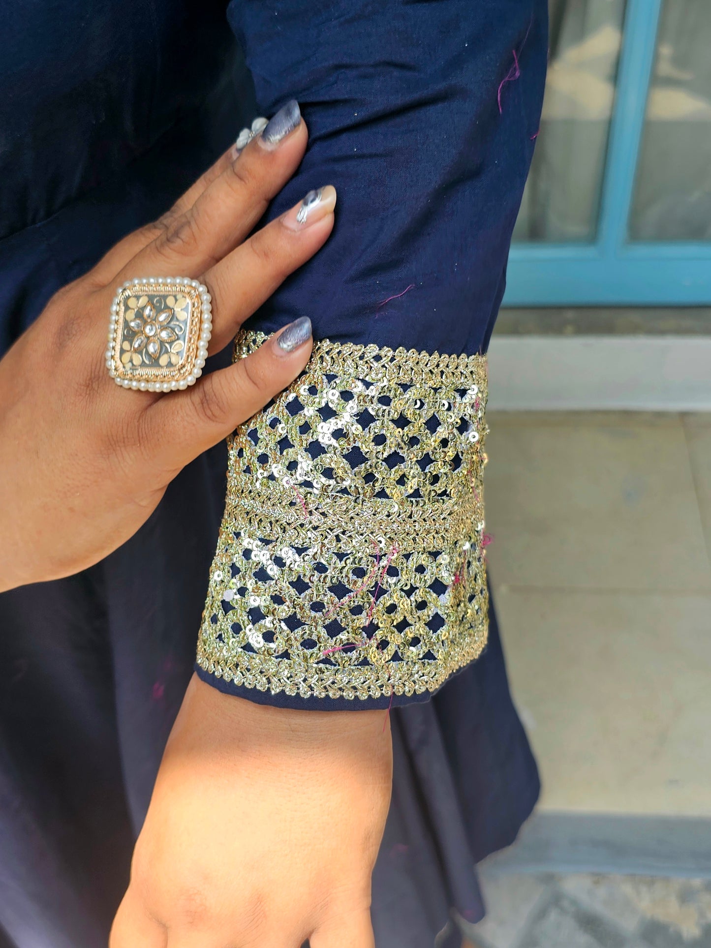 Ruhani Navy Blue Solid Anarkali With Contrast Pink Gharchola Dupatta