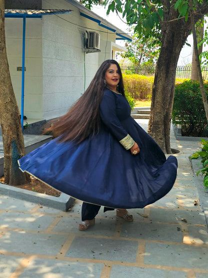 Ruhani Navy Blue Solid Anarkali With Contrast Pink Gharchola Dupatta