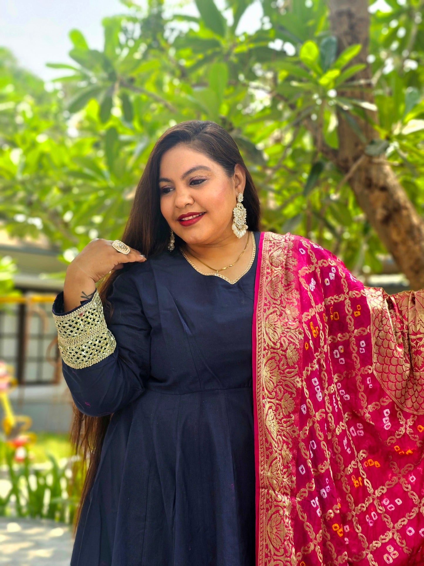 Ruhani Navy Blue Solid Anarkali With Contrast Pink Gharchola Dupatta