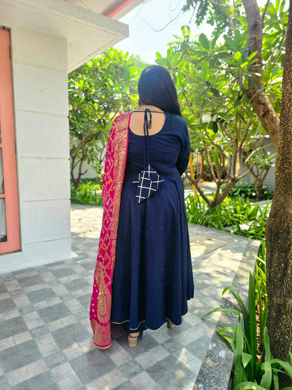 Ruhani Navy Blue Solid Anarkali With Contrast Pink Gharchola Dupatta
