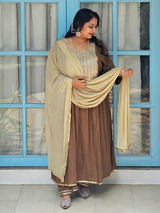 Ruhani Brown Zari Yoke Designer Anarkali