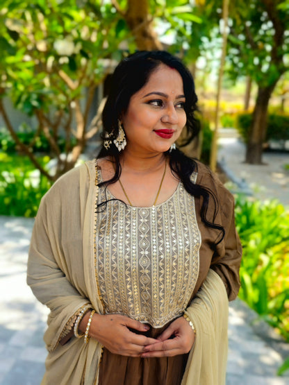 Ruhani Brown Zari Yoke Designer Anarkali