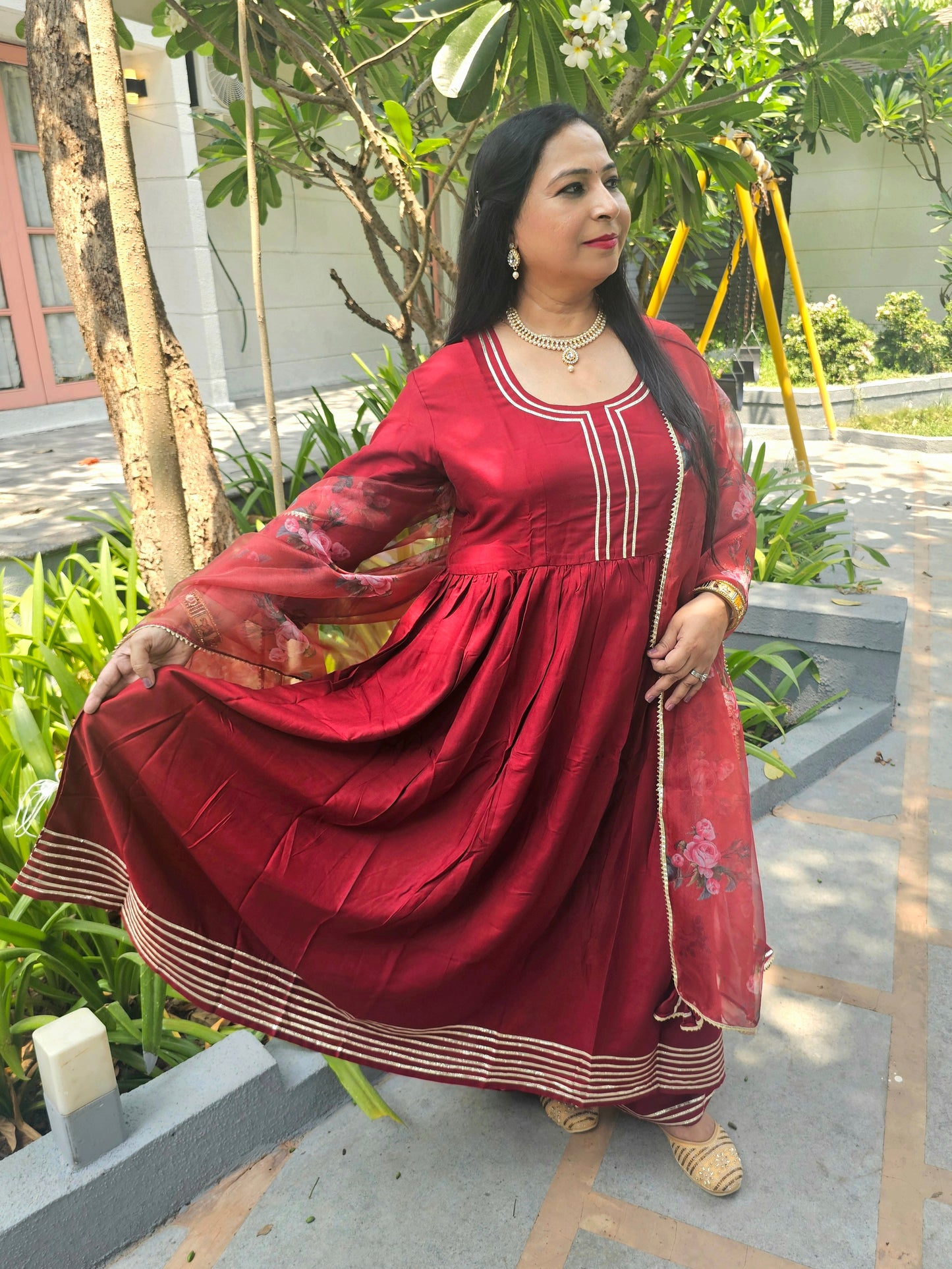 Raas Maroon Rayon Gota Work Anarkali