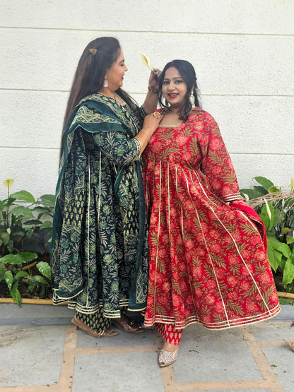Suhani Bright Red Floral Cotton Anarkali