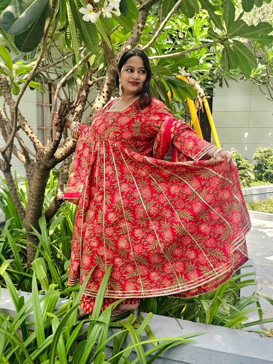 Suhani Bright Red Floral Cotton Anarkali