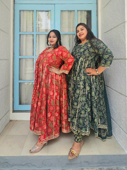 Suhani Bright Red Floral Cotton Anarkali