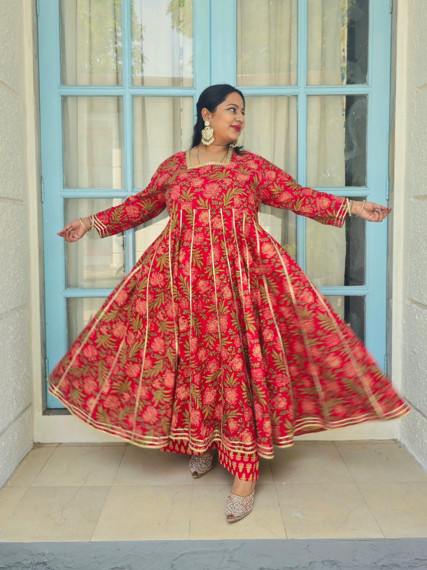 Suhani Bright Red Floral Cotton Anarkali