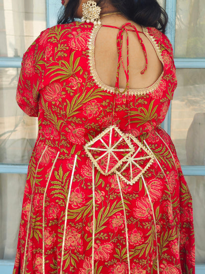 Suhani Bright Red Floral Cotton Anarkali