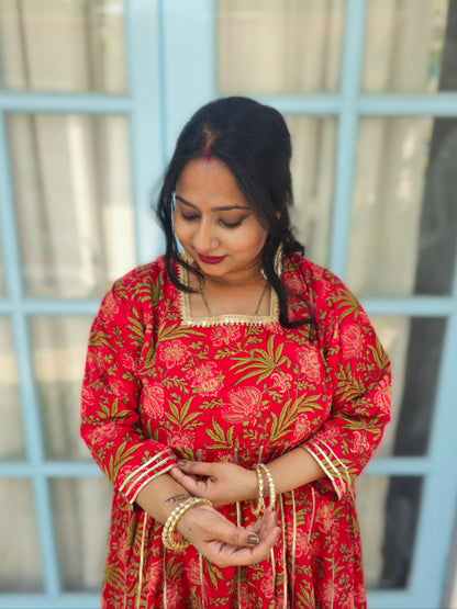 Suhani Bright Red Floral Cotton Anarkali