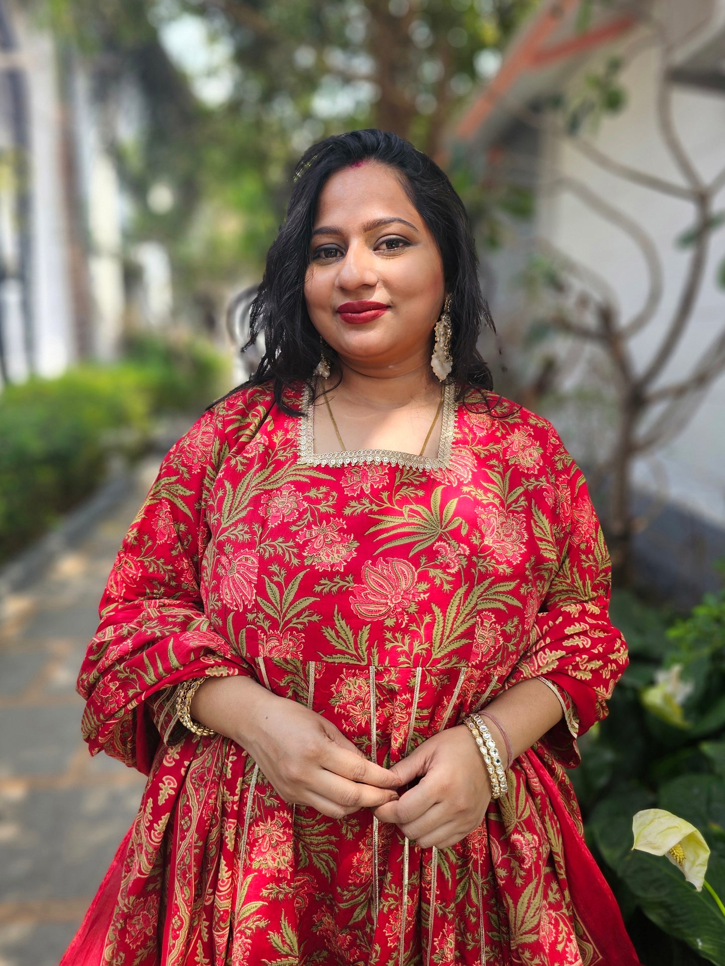 Suhani Bright Red Floral Cotton Anarkali