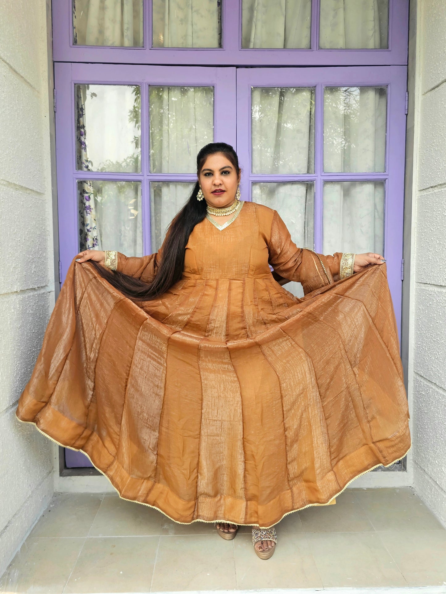 Suhani Brown-Gold Silk Solid Anarkali