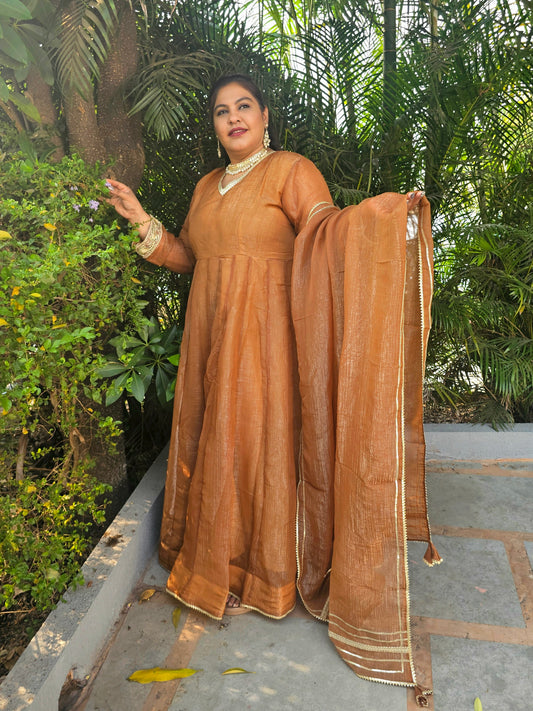 Suhani Brown-Gold Silk Solid Anarkali
