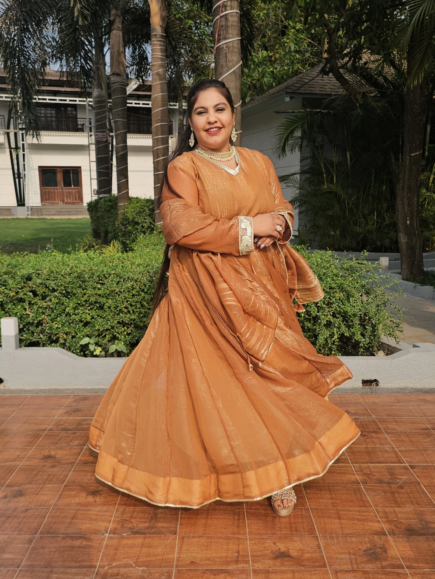 Suhani Brown-Gold Silk Solid Anarkali