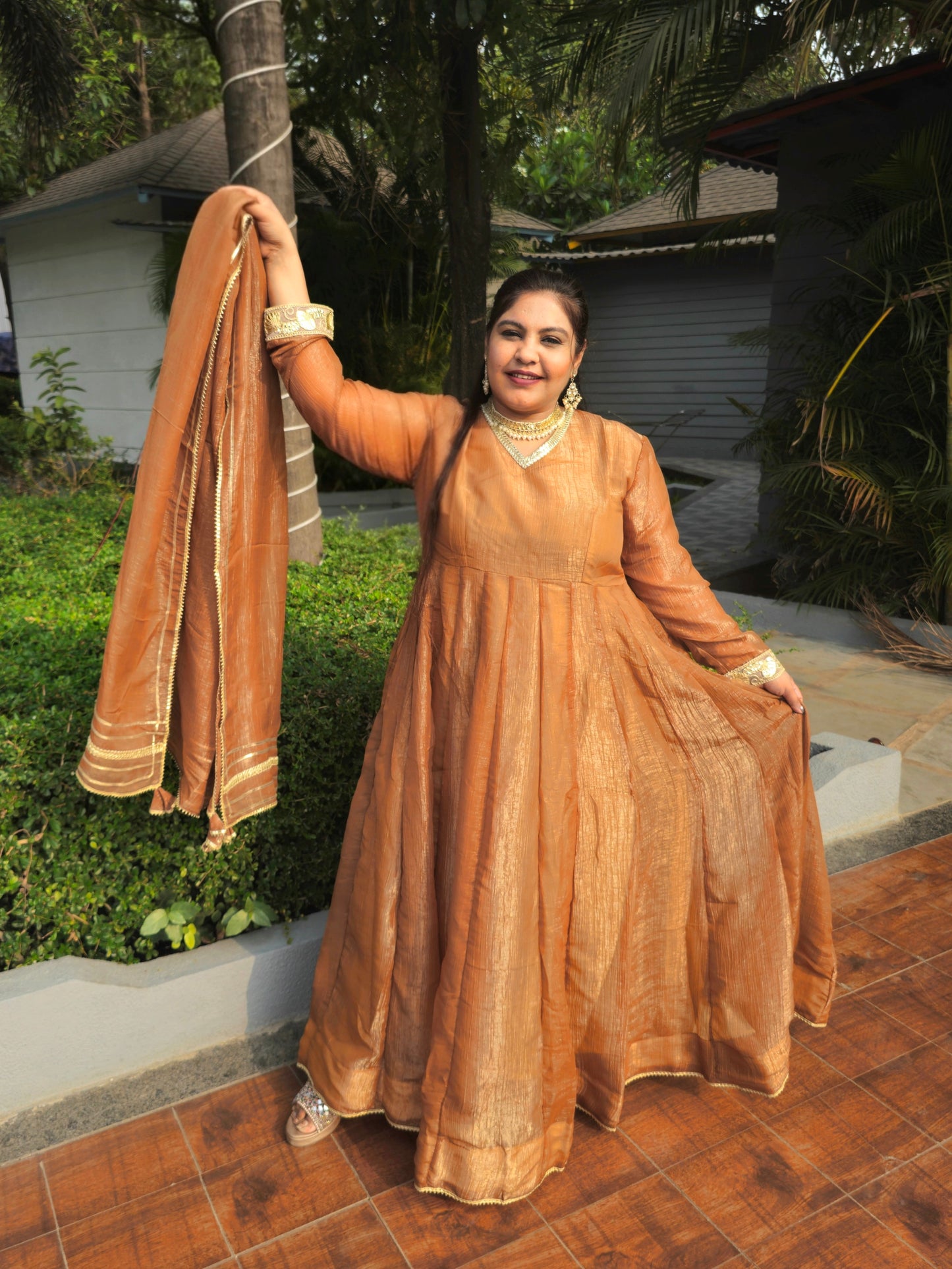 Suhani Brown-Gold Silk Solid Anarkali