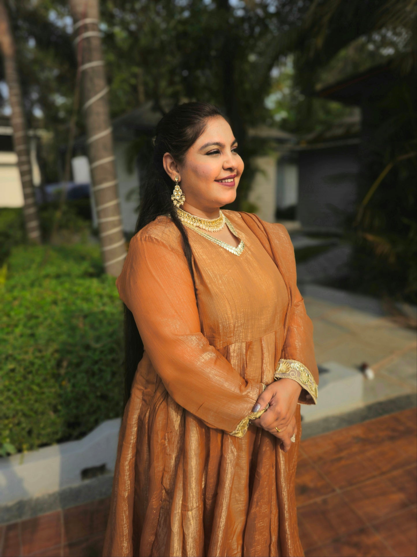 Suhani Brown-Gold Silk Solid Anarkali