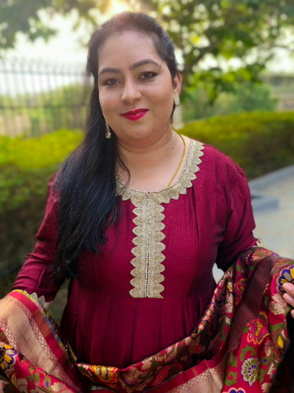 Suhani Maroon Silk Blend Anarkali