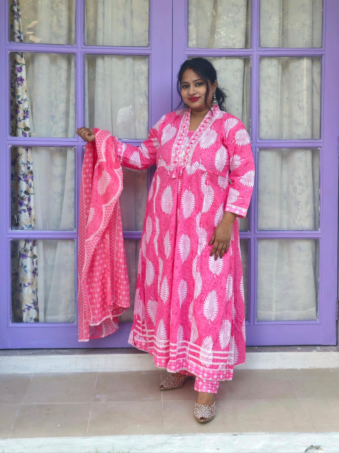 Sukoon Baby Pink Floral Cotton Anarkali