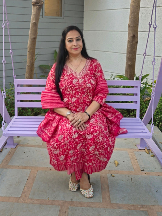 Raas Rani Pink Cotton Floral Anarkali