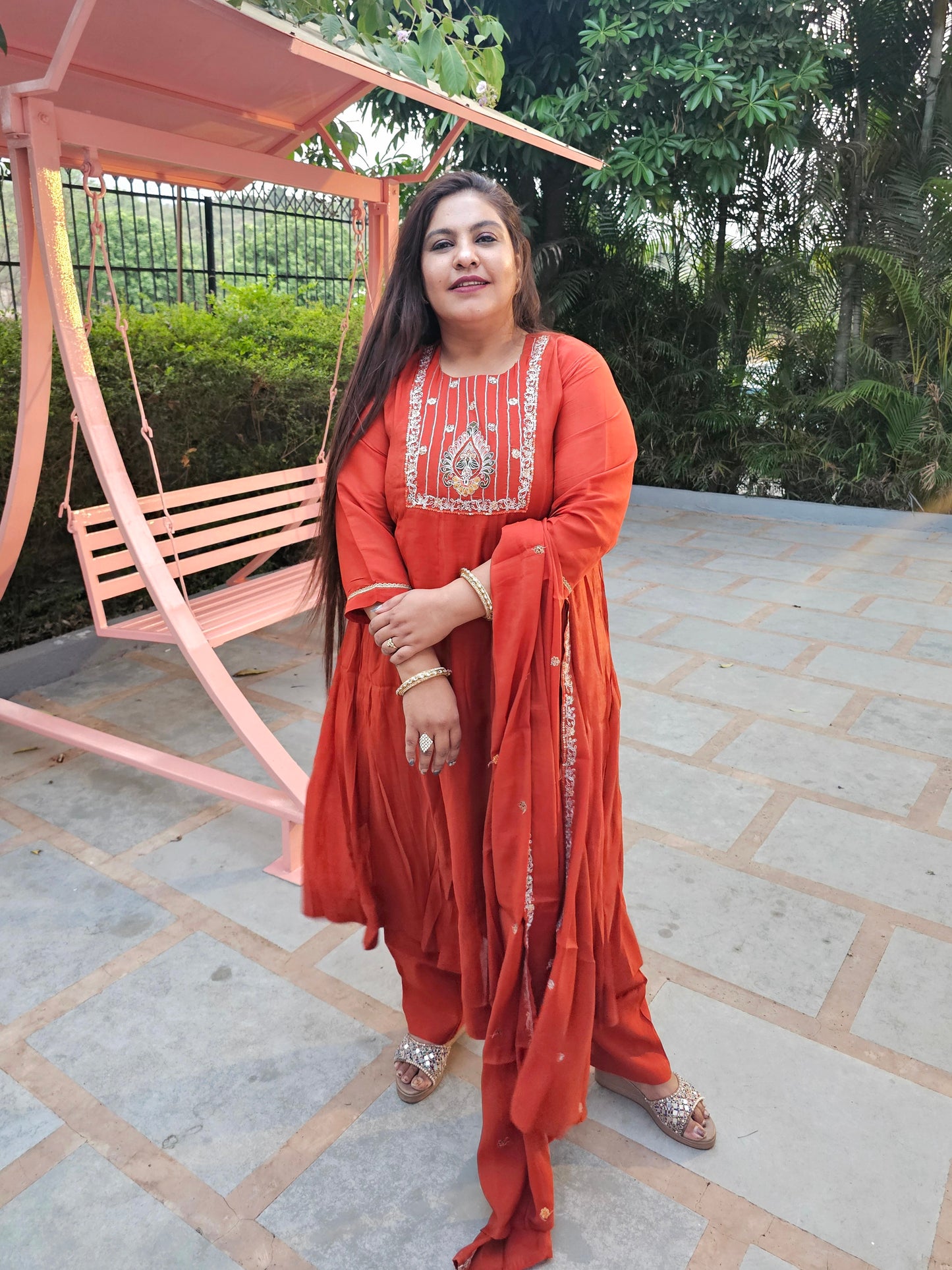 Saanjh Rust Orange Silk Blend Anarkali