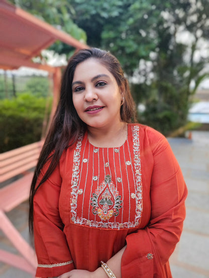 Saanjh Rust Orange Silk Blend Anarkali