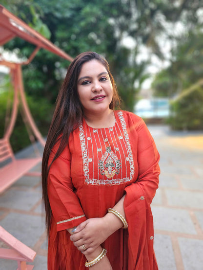 Saanjh Rust Orange Silk Blend Anarkali