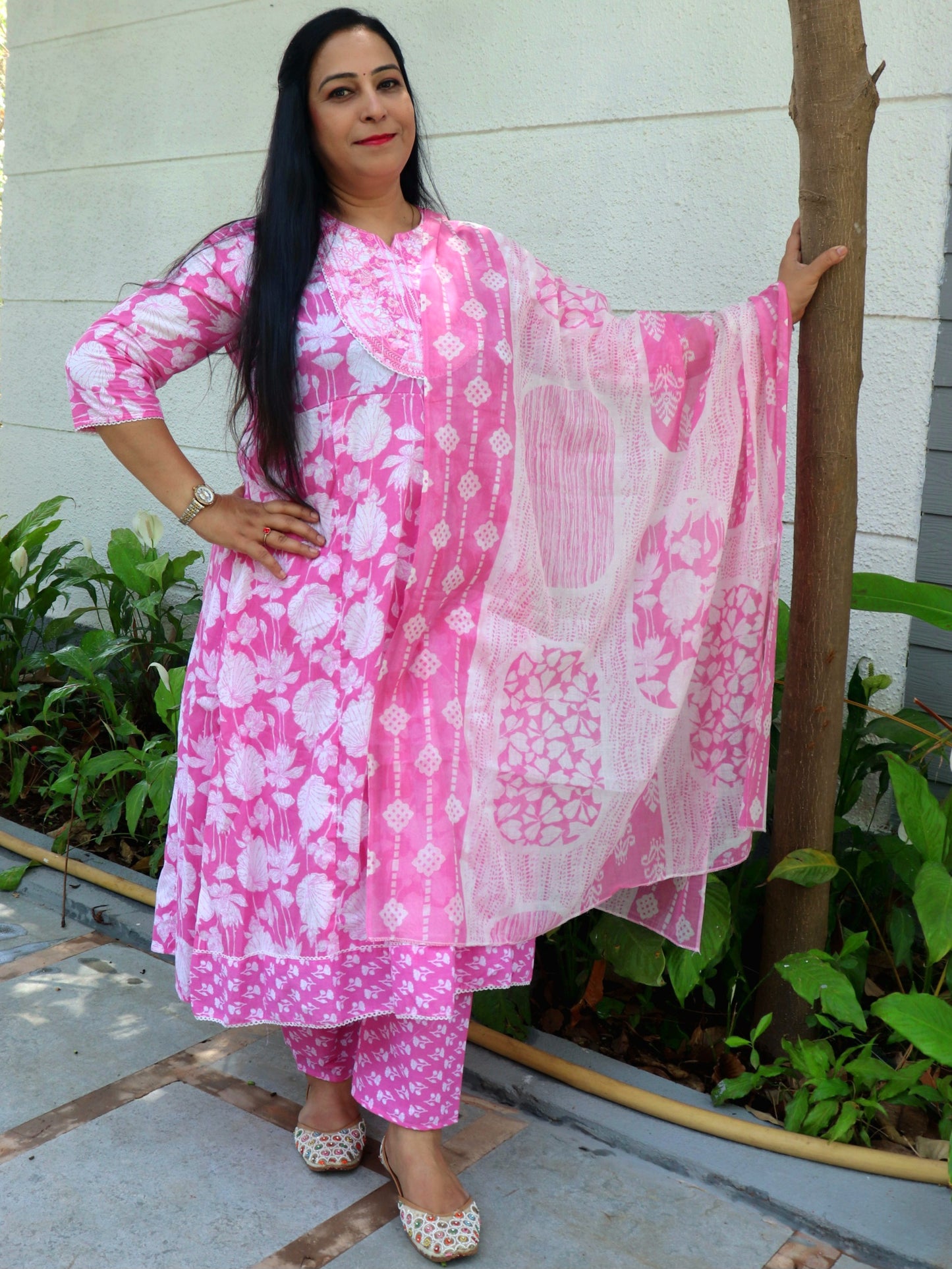 Sukoon Blossom Pink Floral Cotton Anarkali