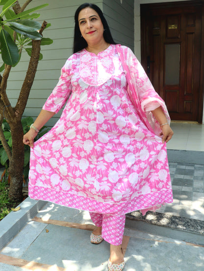 Sukoon Blossom Pink Floral Cotton Anarkali