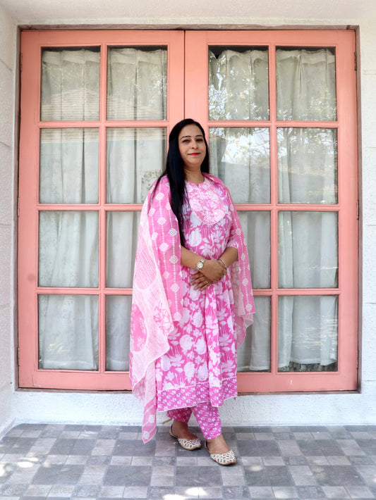 Sukoon Pink Floral Cotton Anarkali