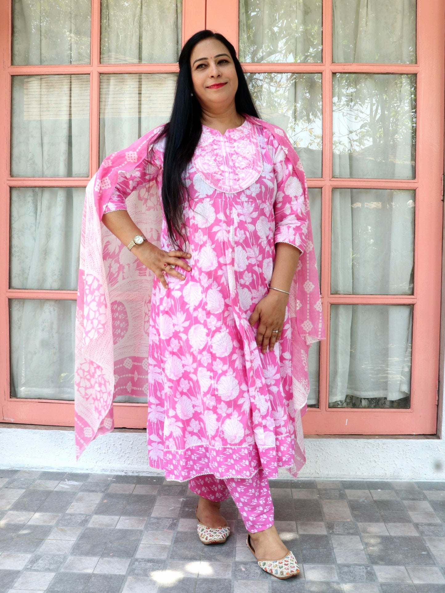 Sukoon Blossom Pink Floral Cotton Anarkali