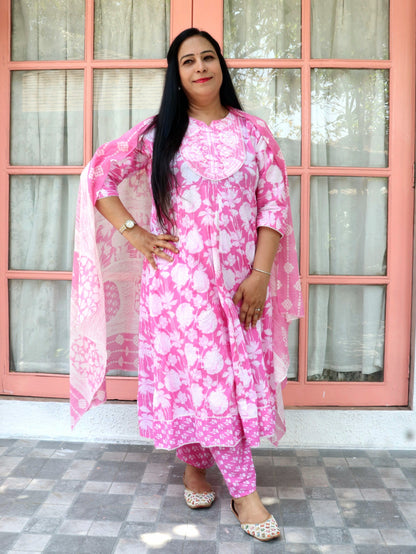 Sukoon Blossom Pink Floral Cotton Anarkali