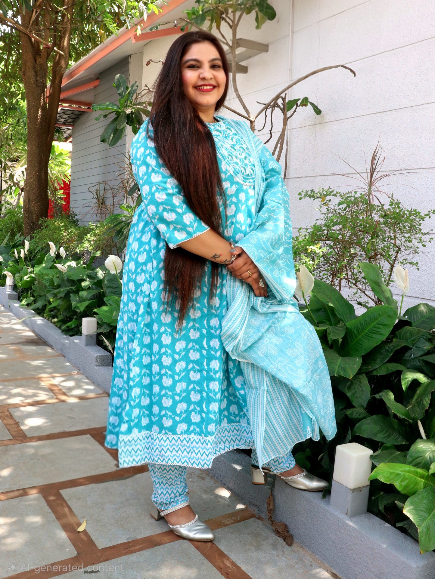 Sukoon Bloom Blue Floral Cotton Anarkali