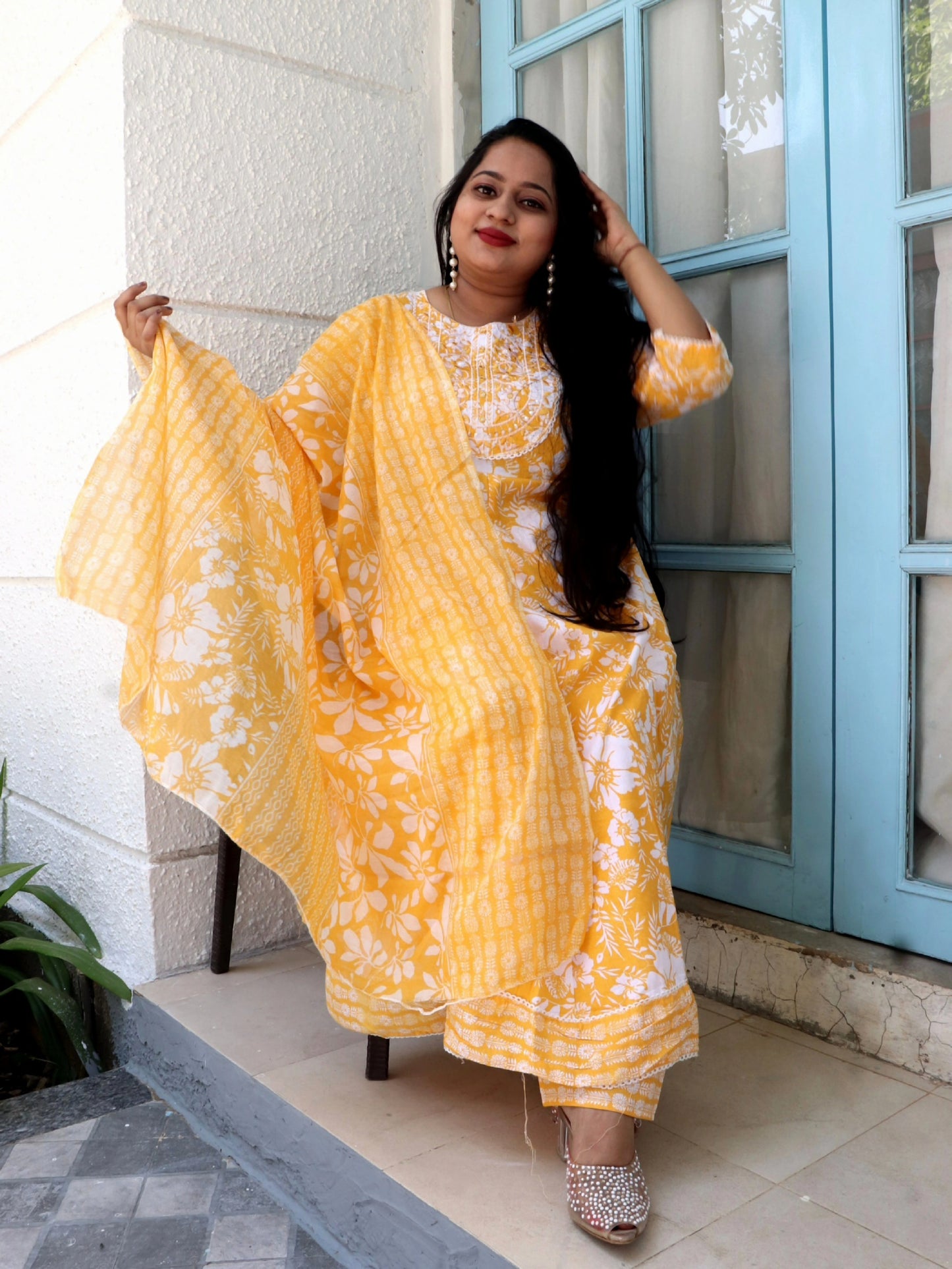 Sukoon Sunshine Yellow Floral Cotton Anarkali