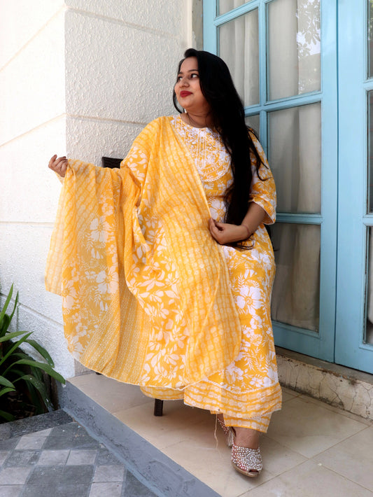 Sukoon Sunshine Yellow Floral Cotton Anarkali