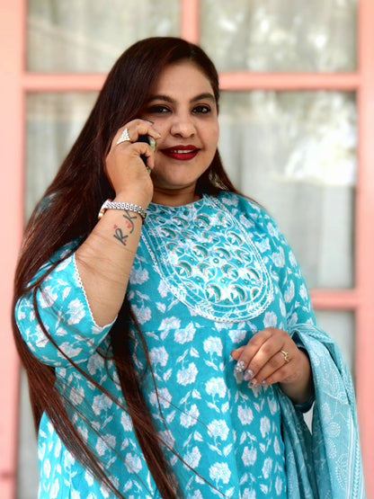 Sukoon Bloom Blue Floral Cotton Anarkali