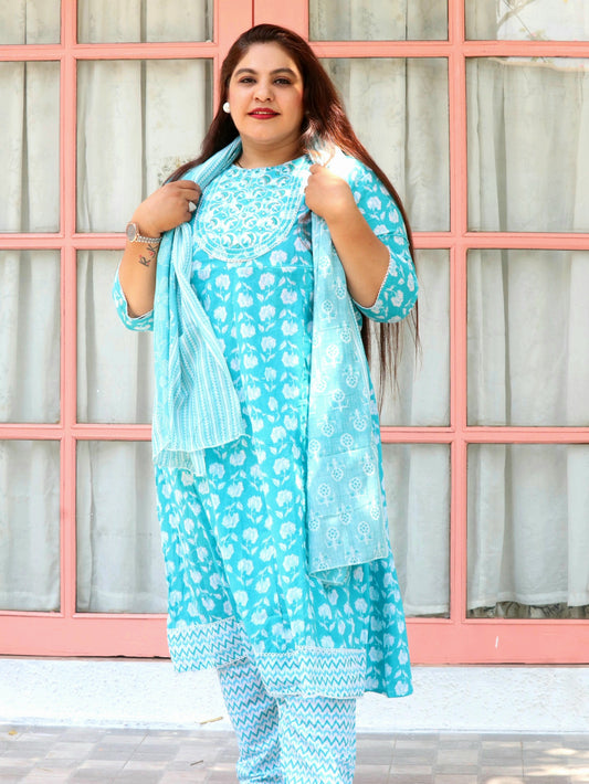 Sukoon Aqua Blue Floral Cotton Anarkali