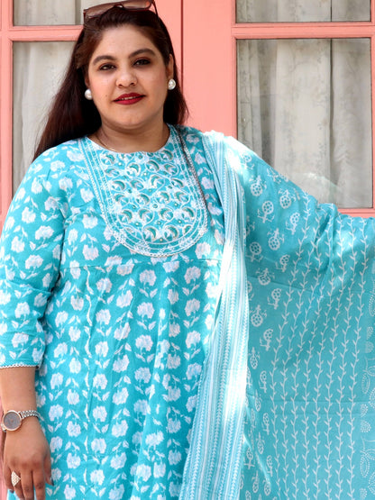 Sukoon Bloom Blue Floral Cotton Anarkali
