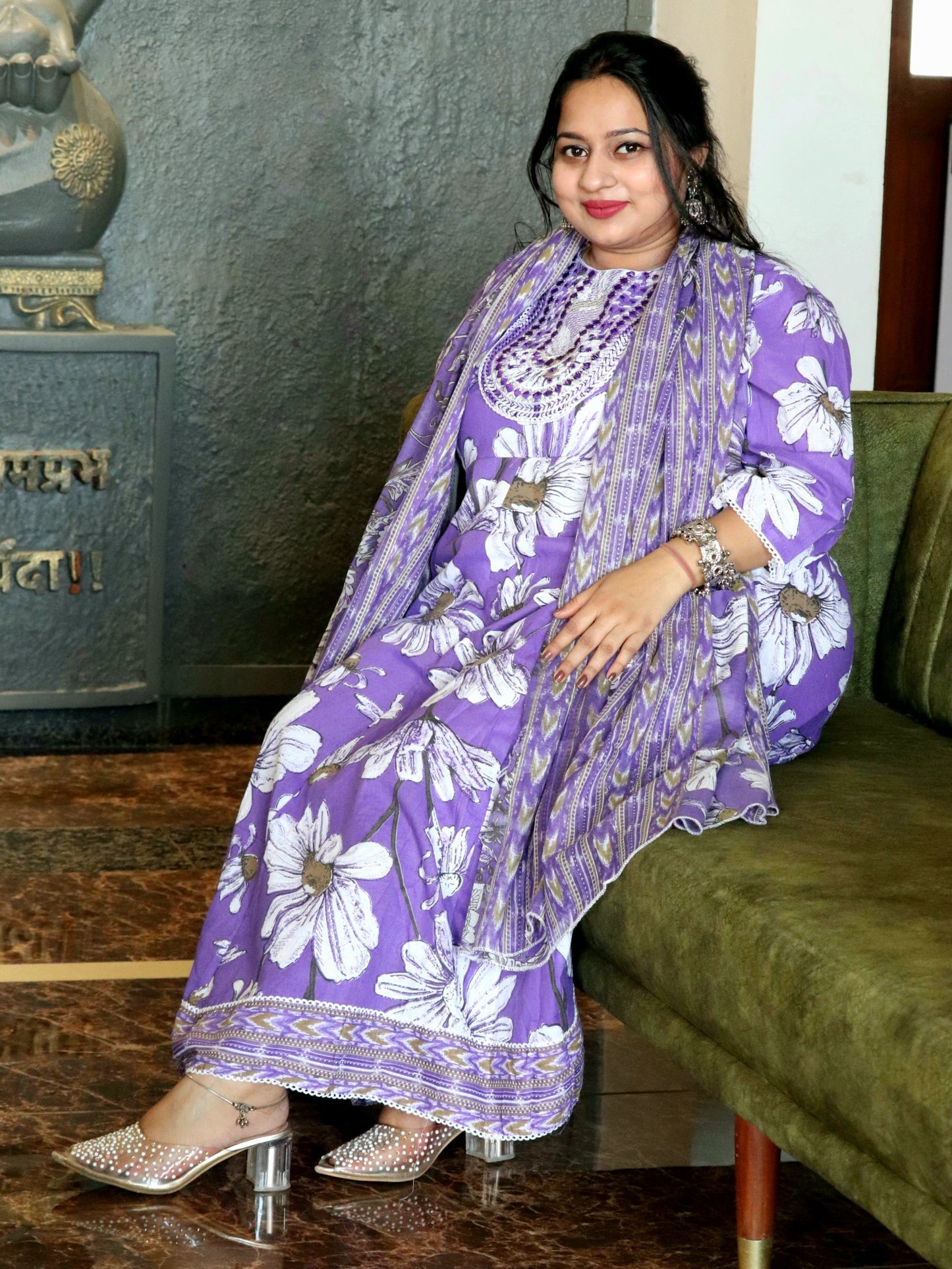 Sukoon Dark Lavender Floral Cotton Anarkali