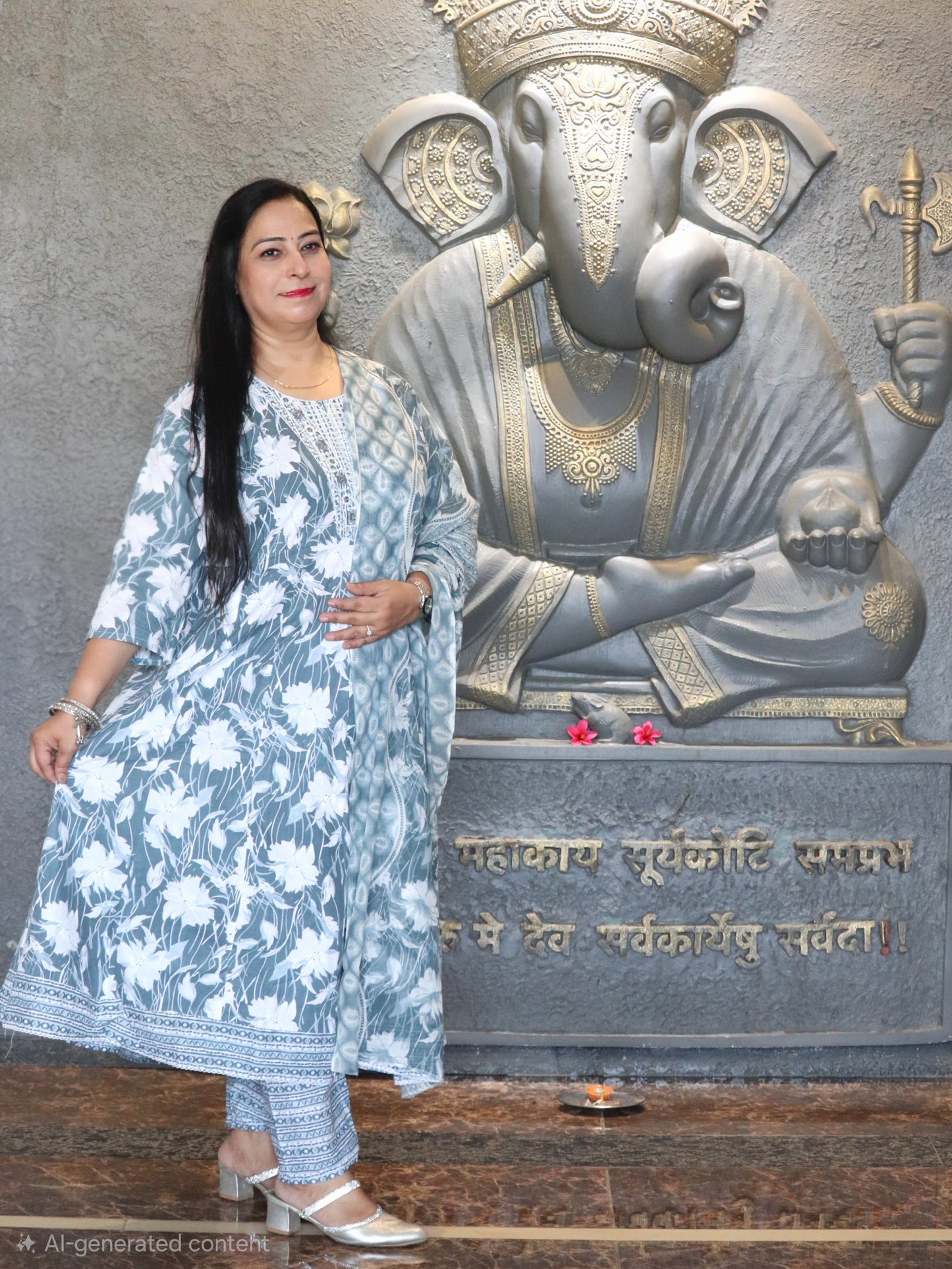 Sukoon Grey Floral Cotton Anarkali