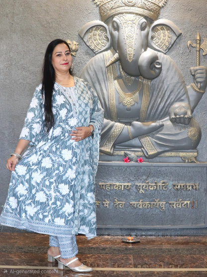 Sukoon Grey Floral Cotton Anarkali