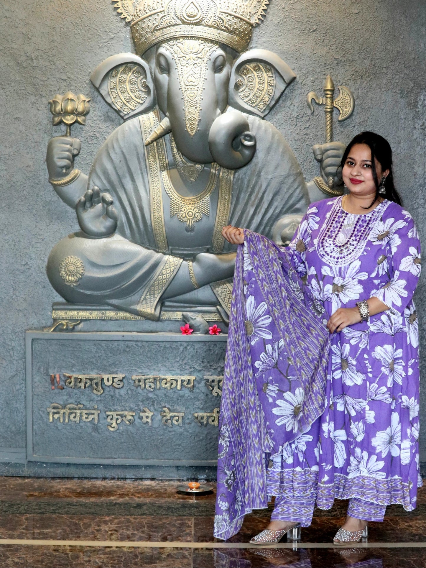 Sukoon Dark Lavender Floral Cotton Anarkali