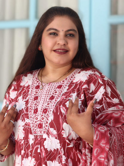 Sukoon Maroon Floral Cotton Anarkali