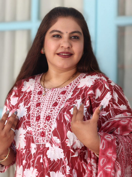 Sukoon Maroon Floral Cotton Anarkali